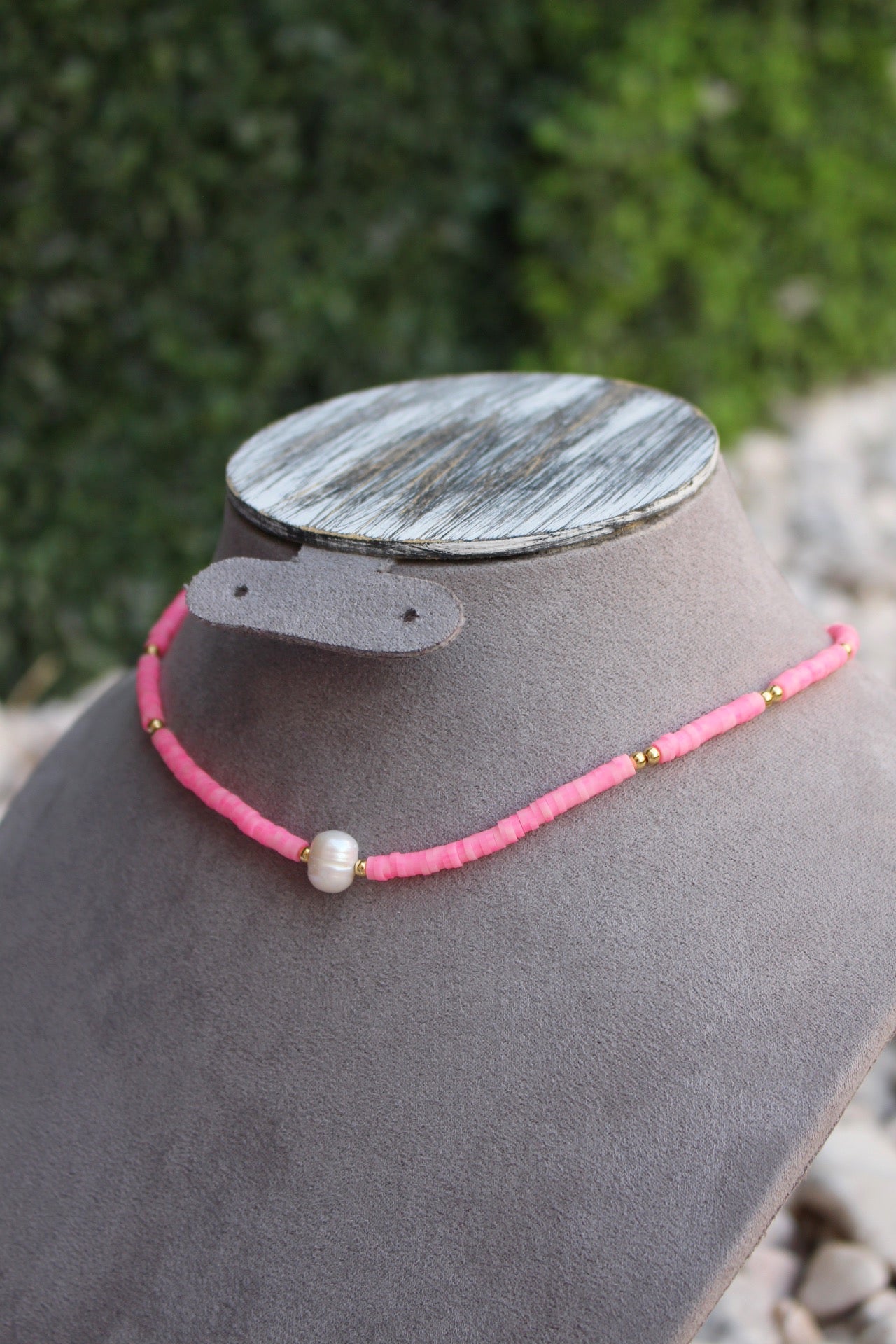 Collar Rosa Fosfo con Perla en Centro