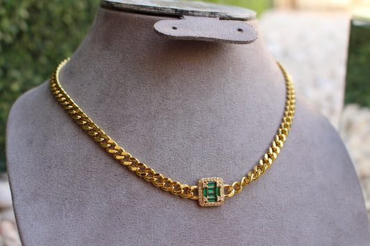 Cadena Chunky con Piedra Cuadrada Verde