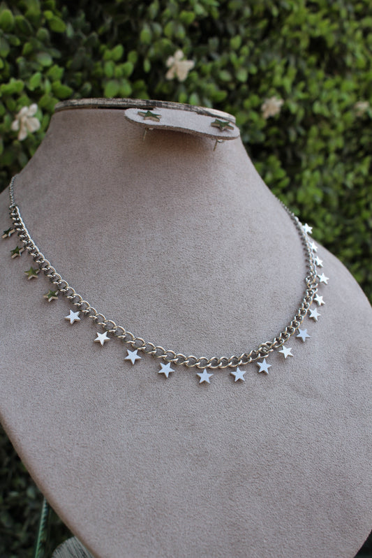Collar Plateado Estrellas con Aretes