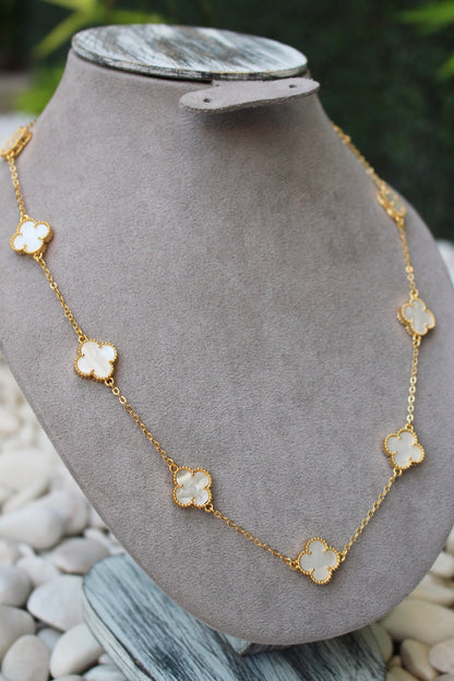 Collar Dorado Largo Trébol Blanco