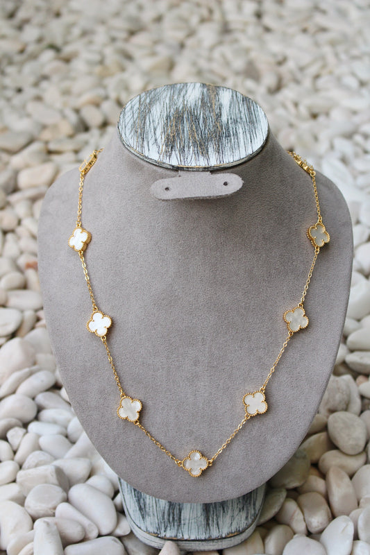 Collar Dorado Largo Trébol Blanco