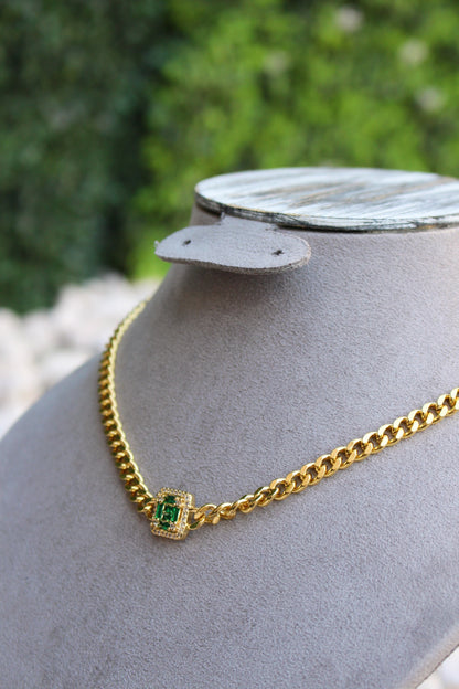 Cadena Chunky con Piedra Cuadrada Verde