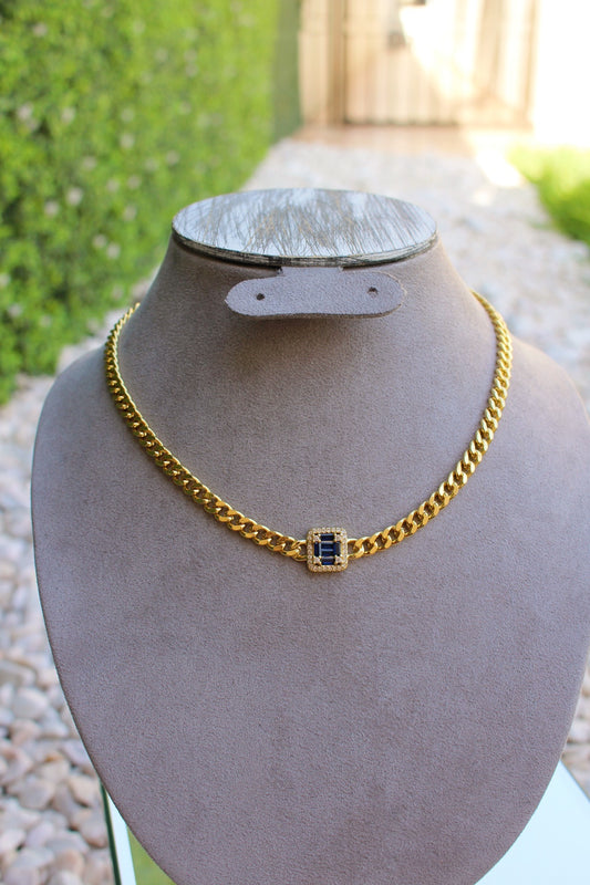 Cadena Chunky con Piedra Cuadrada Azul