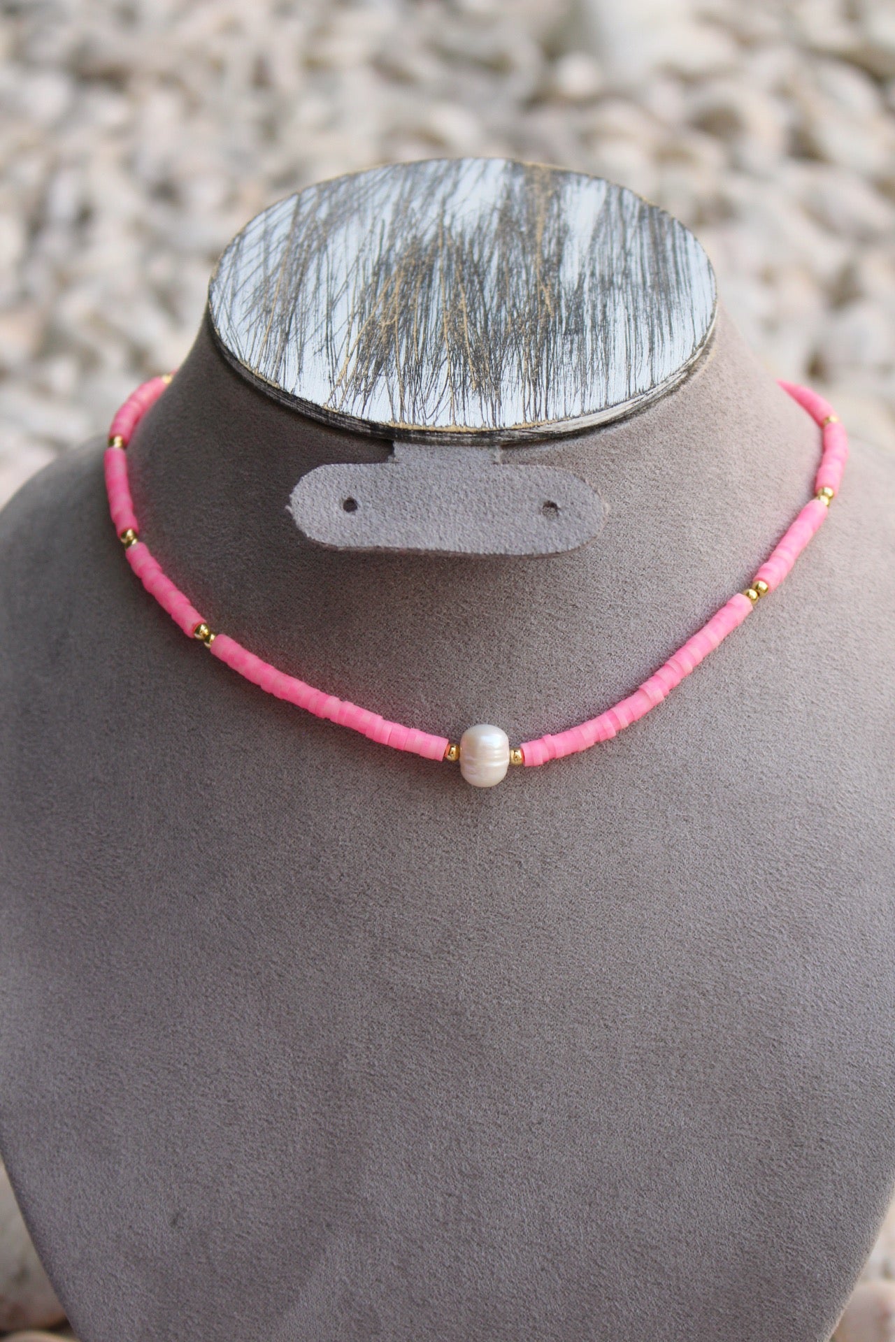 Collar Rosa Fosfo con Perla en Centro
